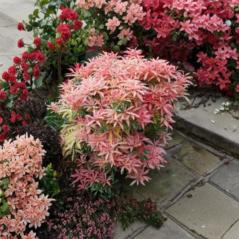 Pieris ‘Flaming Silver’ – Variegated Japanese Andromeda Evergreen Shrub in 1-Gallon Container with Red New Growth and White Flowers