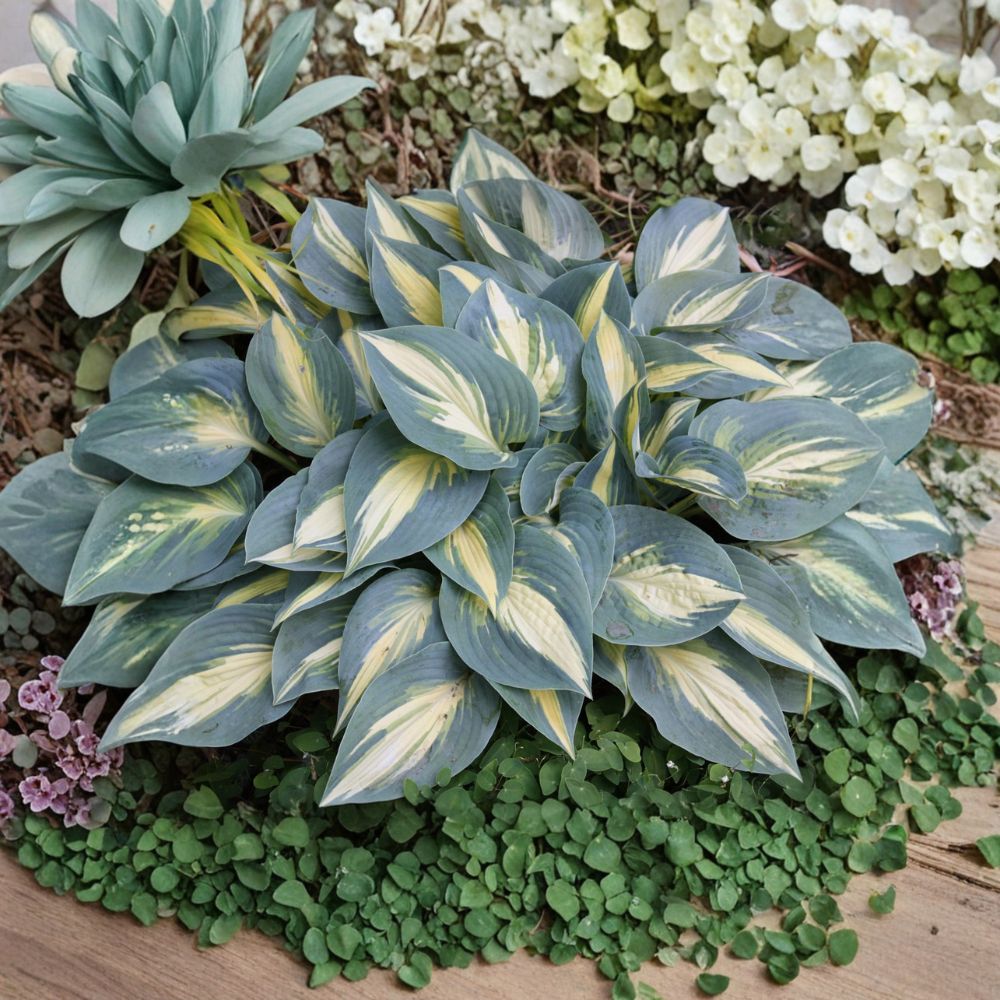 Hosta ‘High Society’ – Live Bare Root Small Shade Perennial with Blue-Green Margins and Gold Center, Compact Herbaceous Plant