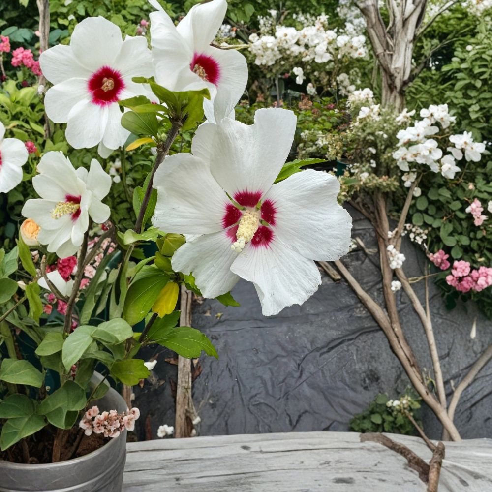 Red Heart Rose of Sharon Live Plant, 2-Gallon Hibiscus syriacus Shrub with White Flowers & Red Centers, Summer Blooming Hardy Hibiscus